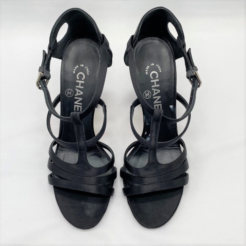 Chanel Black Satin Interlocking CC Logo T-Strap Sandals With 4.5 Inch Heel